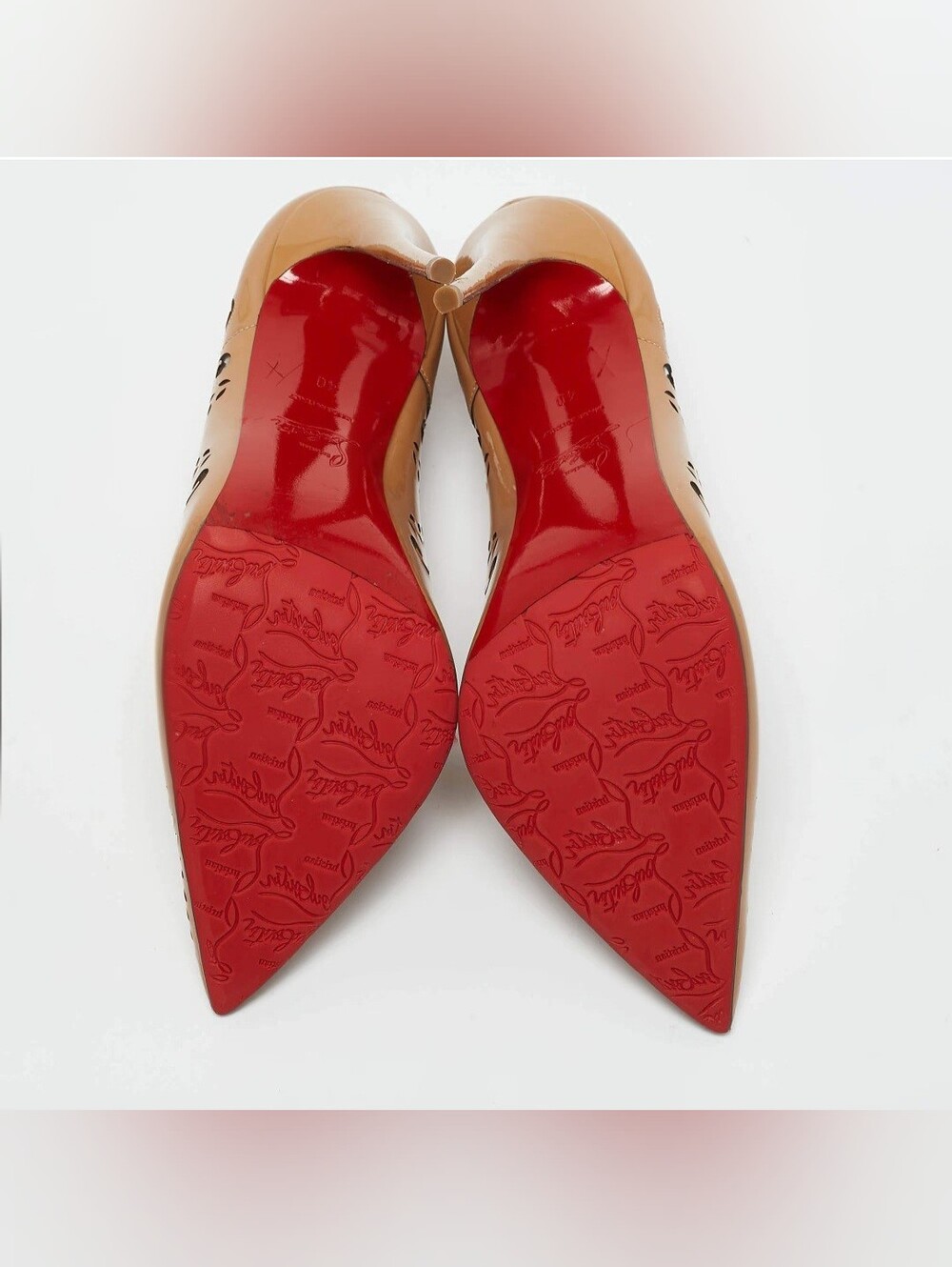 Christian Louboutin Tan Laser-Cut Lace-Up Patent Pointed-Toe Pumps - Picture 6 of 9